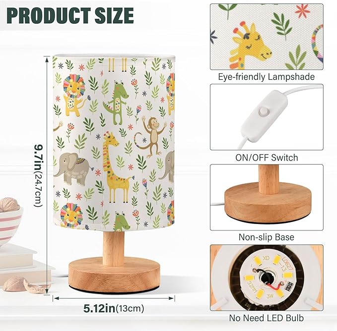 Jungle Animal Pattern Table Lamp with Wood Base and Fabric Shade for Living Room, Bedroom or Kids Room - Bloomnest