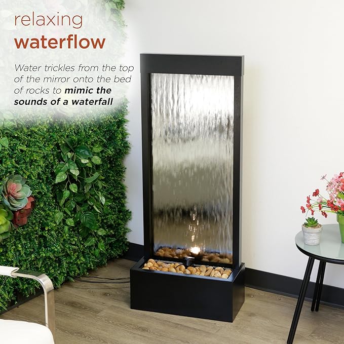 Alpine Corporation - Mirror Waterfall Fountain with Stones & Lights - Zen Indoor/Outdoor Decor for Office, Living Room, Patio, Entryway - 48 Inches (Silver) - Bloomnest