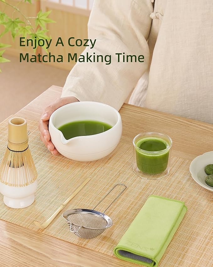 ZENS Matcha Whisk Set, 6pcs Matcha Kit Includes Ceramic Bowl, Handcrafted Bamboo Whisk and Chasen Holder, Scoop, 304 Sifter & Tea Mat，Matcha Set for Tea Ceremony,Latte Making, White - Bloomnest