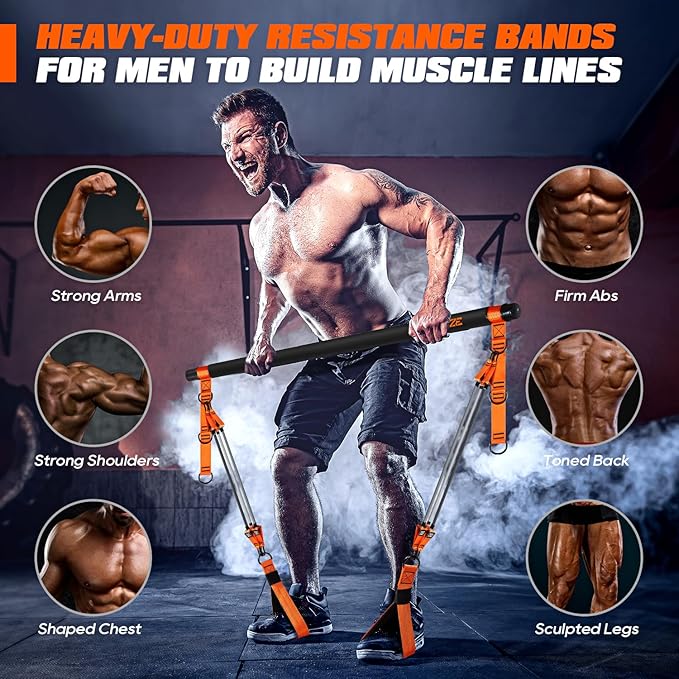 Pilates Bar Kit with Resistance Bands, Heavy Duty Pilates Equipment for Men, Strength Training Bar for Legs, Hip, Back, Arm, Abs, Chest, Shoulders, Portable Home Gym Full Body Workout Equipment - Bloomnest