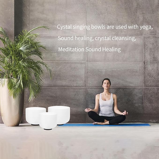Hye-eun Crystal Singing Bowls Set of 3, 432hz 7"A 9"F 11"D 3pcs Frosted Quartz Chakra Sound Bowl with Carrying Case for Sound Healing Yoga Meditation - Bloomnest