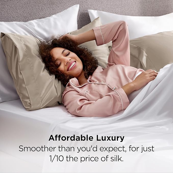 Bedsure Satin Pillowcases, Similar to Silk Pillow Cases Queen Size Set of 2, Pillow Case for Sleeping Women with Envelope Closure, Gifts for Women Men, Khaki, 20x30 Inches, 2pcs - Bloomnest