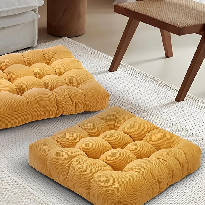 Floor Cushions for Adults Floor Pillows for Sitting Large Square Tufted Meditation Pillows Memory Foam 2 Pcs, 22" x 22", Orange Yellow - Bloomnest