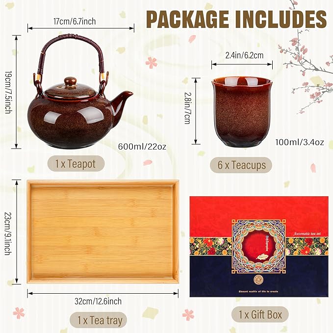 Layhit Japanese Asian Tea Set for Adults with 1 Teapot 6 Cups 1 Tray Traditional Portable Japanese Kiln Altered Glaze Porcelain Tea Set for Women Mother's Day Gifts(Brown) - Bloomnest