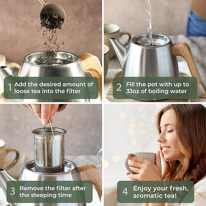 WALDWERK Tea Pot with Infuser - Double Wall Stainless Steel Teapot - Tea Pot with Infuser for Loose Tea - Made from 304 Stainless Steel and Oak Wood - Isolated Teapot with Strainer - 100% Drip Free - Bloomnest