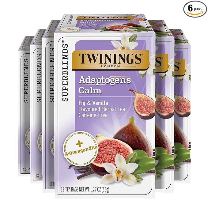 Twinings Superblends Adaptogens Calm with Ashwagandha Fig & Vanilla Flavoured Herbal Tea, Naturally Caffeine-Free, 18 Tea Bags (Pack of 6), Enjoy Hot or Iced, 108 Teabags - Bloomnest