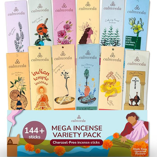 Natural Incense Sticks Mega - Variety Pack (144 Insence-Sticks Bulk, 12 Aromas) Clean No Charcoal, Made from Upcycled Flowers | Organic Incense Stick Non Toxic (Slow Burn, Longlast)