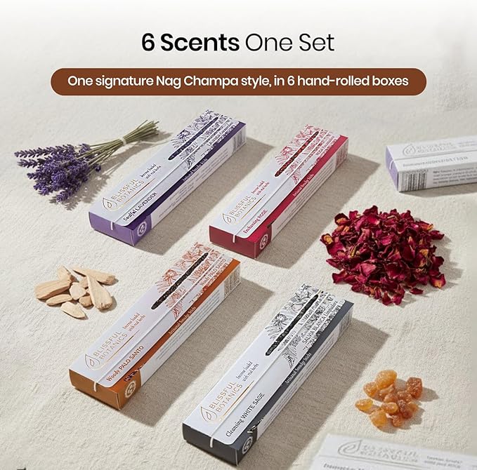 Tulasi Smudge Incense Sticks Gift Pack – 6 Scents x 40g Each – White Sage, Palo Santo, Lavender, Frankincense, Sandalwood, Rose - 48 Natural Herbal Incense for Yoga, Meditation Tulasi