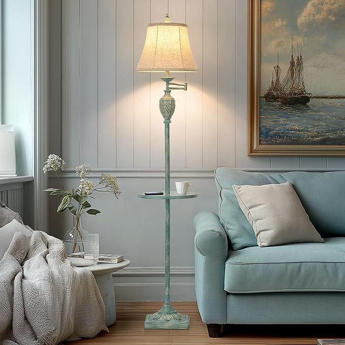 Traditional LED Floor Lamp with 350° Adjustable Swing Arm Lamp – Vintage Standing Pole lamp for Living Room, Bedroom and Office – Rustic Upright Floor Light for Home Décor with Silk Fabric Shade - Bloomnest