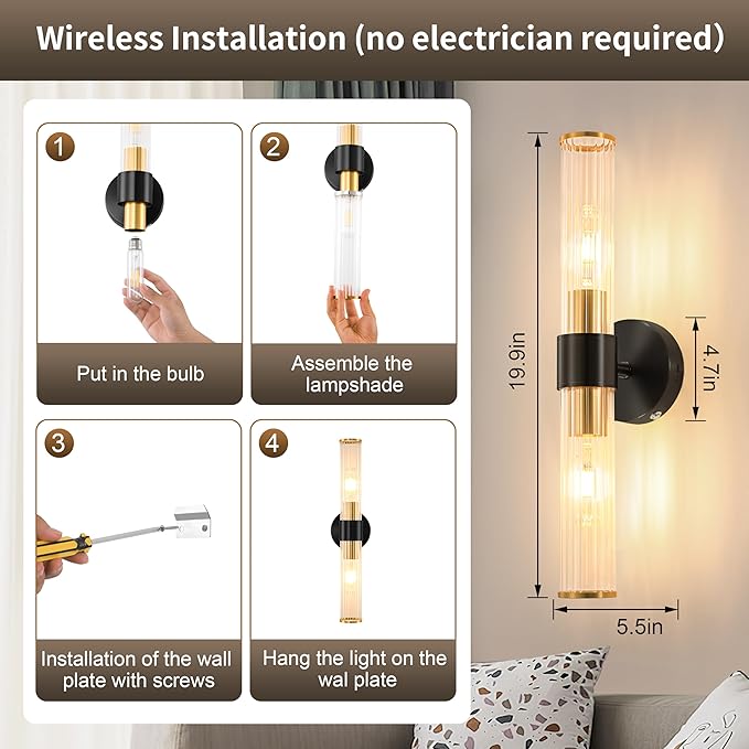 Black Gold Battery Operated Wall Sconces Set of 2, Rechargeable Wall Lights with Dimmable Remote Control, 20“ Modern Sconces Wall Decor, Wireless Wall Lamp for Bedroom, Living Room (Bulbs Included) - Bloomnest