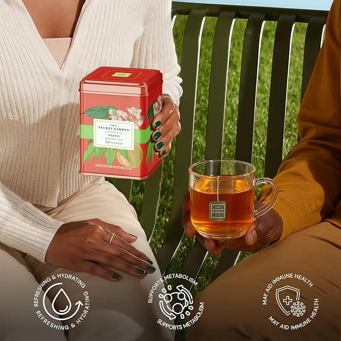 Life Plus Style Gourmet The Secret Garden Organic Peach Green Tea 50 Tea Bags Juicy & Fruity Refreshing Hot or Iced Tea Antioxidant-Rich Non GMO, Gluten Free Eco-Friendly USDA Certified - Bloomnest