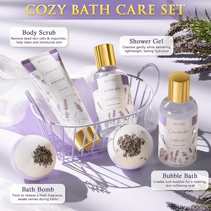 Birthday Gifts for Women, Lavender Relaxing Spa Gift Baskets for Women Self Care Package Bath Gift Set, Home Bath and Body Kit Pamper Valentines Day Gifts for Her Womens Mom Friends Wife Girlfriend - Bloomnest
