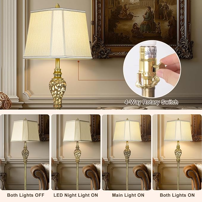 Vintage Floor Lamp for Living Room, 65" Tall Lamp with Nightlight and Beige Faux Silk Shade, Farmhouse Standing Lamp for Bedroom, Office Corner, or Study, Elegant Rustic Home Decor (LED Bulb Included) - Bloomnest