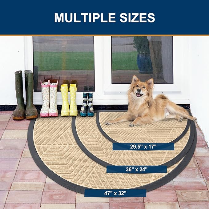Smiry Half Circle Front Door Mat Outside Entrance, Heavy Duty Sturdy Natural Rubber Doormat, Trap Dirt and Moisture, Low Profile Mats for Indoor Outdoor Entry, Irregular Triangle (36x24, Beige) - Bloomnest