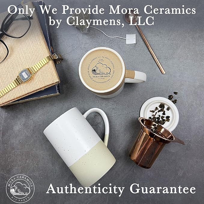 Mora Ceramics Tea Cup with Loose Leaf Infuser, Spoon and Lid, 12 oz, Microwave and Dishwasher Safe Coffee Mug - Rustic Matte Ceramic Glaze, Modern Herbal Tea Strainer - Great Gift for Women, Limestone - Bloomnest