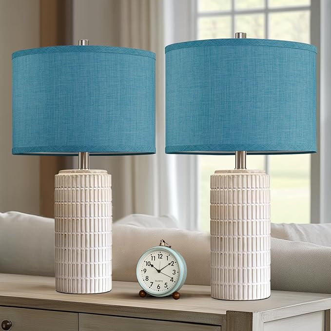 23" Modern Ceramic Nightstand Table Lamps Set of 2, Nautical Lamps for Bedroom Bedside, Side Table Lamps for Living Room, Dining Room, Office, 2 LED Bulbs Included (Blue) - Bloomnest
