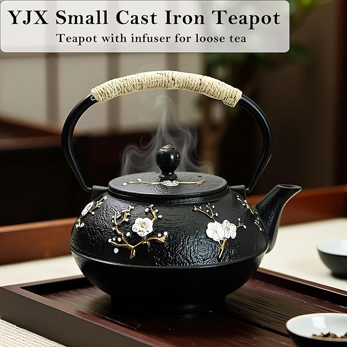 YJX 27oz Small Cast Iron Teapot for Stovetop, Japanese Tetsubin with Enamel, Beautiful Decorative Tea Pot, Durable Tea Kettle with Stainless Steel Infuser for Loose Tea(800ML) - Bloomnest