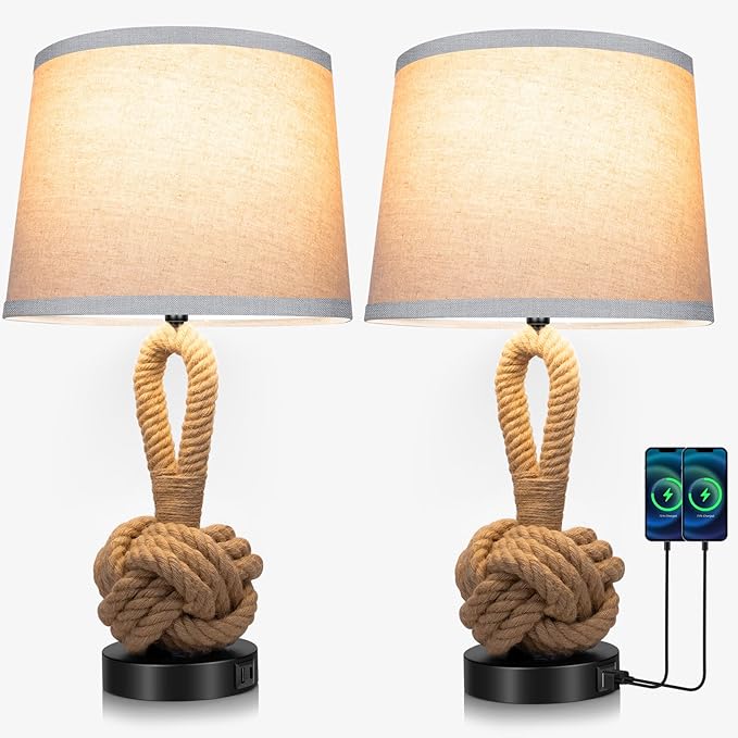 22" Rope Lamps for Night Stands, Bedside Lamps Set of 2, Boho Table Lamps for Living Room End Tables, 3-Color Temperatures Boho Lamp with Rotary Switch, Rattan Lamp with USB Ports, Bulbs Included - Bloomnest