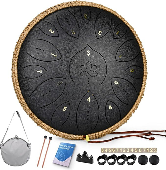 Steel Tongue Drum 13 Inches 15 Notes, Hand Pan Drums for Adults 440hz, C Major Handpan Musical Instrument with Song Book, Mallets and Carry Bag, Black - Bloomnest