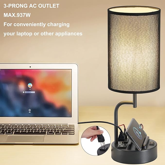 Dreamholder Table Lamp with 3 USB Charging Ports, Modern Desk Lamp with AC Outlet and Phone Stands, Perfect Bedside Lamp for Bedroom, Living Room, Office (Pack of 2), Black - Bloomnest