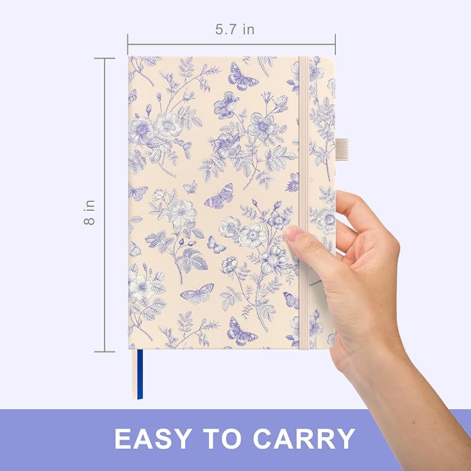 &And Per Se Dotted Journal Notebook, A5 Hardcover Bullet Dotted Journal, 160 Pages 100 gsm Thick Paper, 3 Sheets of Stickers Included - 5.7'' x 8'' (Blue Flowers)