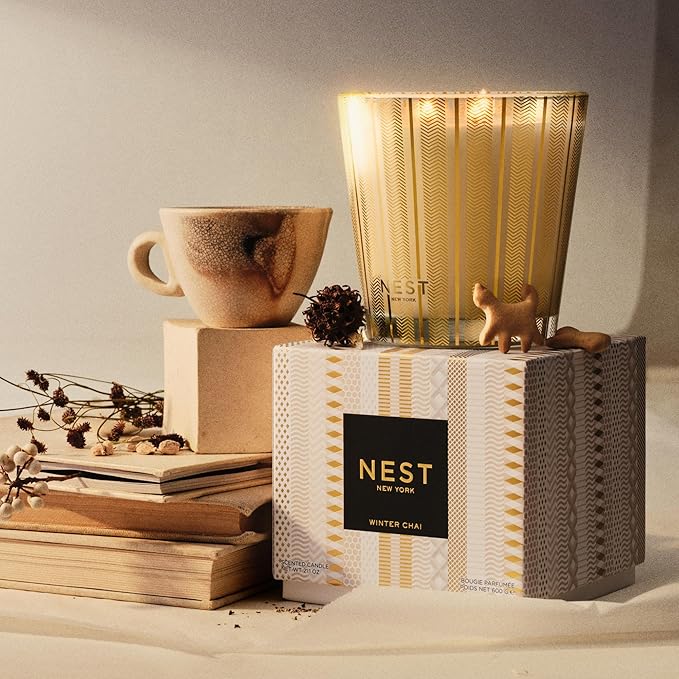 NEST New York Scented 3-Wick Candle, Winter Chai - 21.2 oz - Up to 100-Hour Burn Time - Reusable Glass Vessel - Bloomnest
