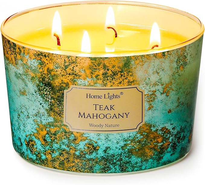 HomeLights Large jar Candle | 4-Wick Long-Lasting Scented Candles, 18oz Natural Soy Wax Candle for Home Scented, Industrial Chic Gifts for Women & Men, Teak Mahogany - Bloomnest