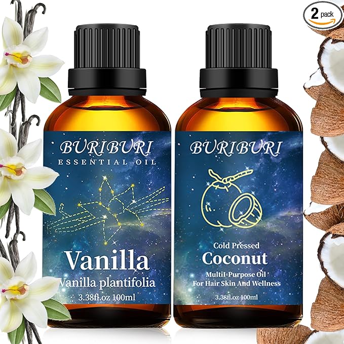 BURIBURI Pure Vanilla Essential Oil and Coconut Oil 100ml Organic Aromatherapy Oils 3.38 fl.oz Coconut Essential Oil for Diffuser Humidifier BURIBURI