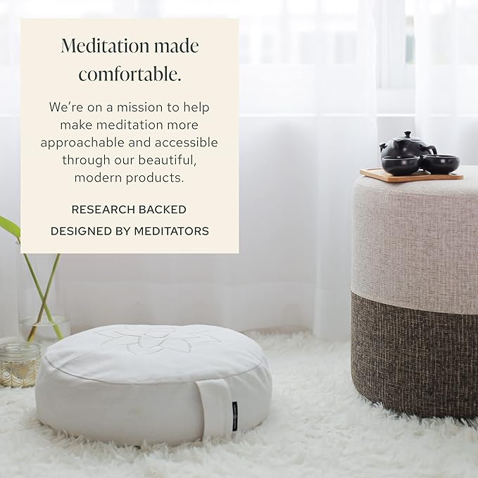 Mindful & Modern Large Meditation Cushion | Zafu Yoga Bolster Meditation Floor Pillow Seat | Buckwheat Hull Filled Crescent Shaped Cushion with Removable Washable Cover + Carry Handle - Bloomnest
