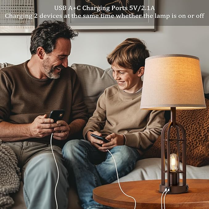 Table Lamps for Living Room End Table Set of 2 - Farmhouse Industrial Bedside Lamps for Bedroom Nightstand with Nightlight and USB A+C, 4 Bulbs Included - Bloomnest