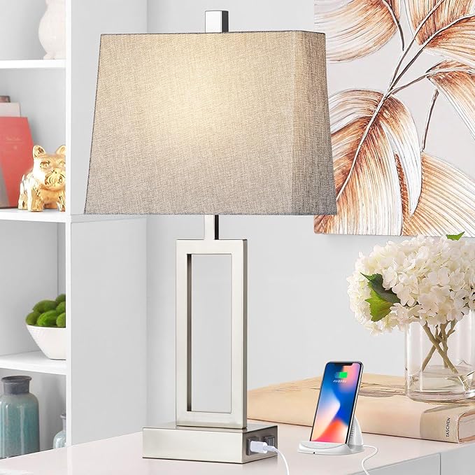Touch Control Table Lamps Set of 2, Modern Silver Bedside Lamps with USB A+C Ports & AC Outlet, 3 Way Dimmable Contemporary Nightstand Lamps for Bedroom Living Room(LED Bulb Included) - Bloomnest