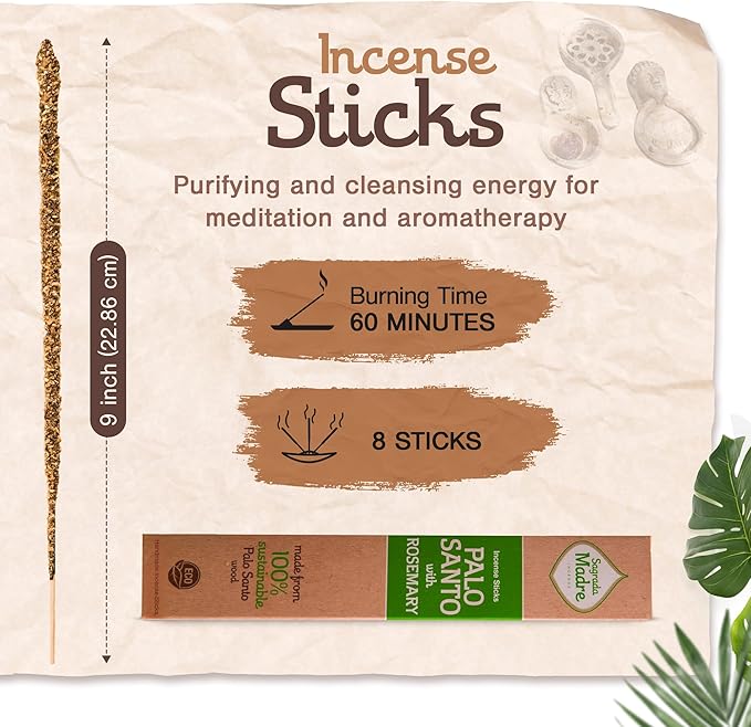 Sagrada Madre 8pcs Wildly Harvested Thick Palo Santo Incense Sticks (Rosemary), 9” Long - Eco Friendly, Non-Toxic, Aromatic Incense Sticks (1hr Burning Time) to Heal & Calm Your Body and Environment SagradaMadre