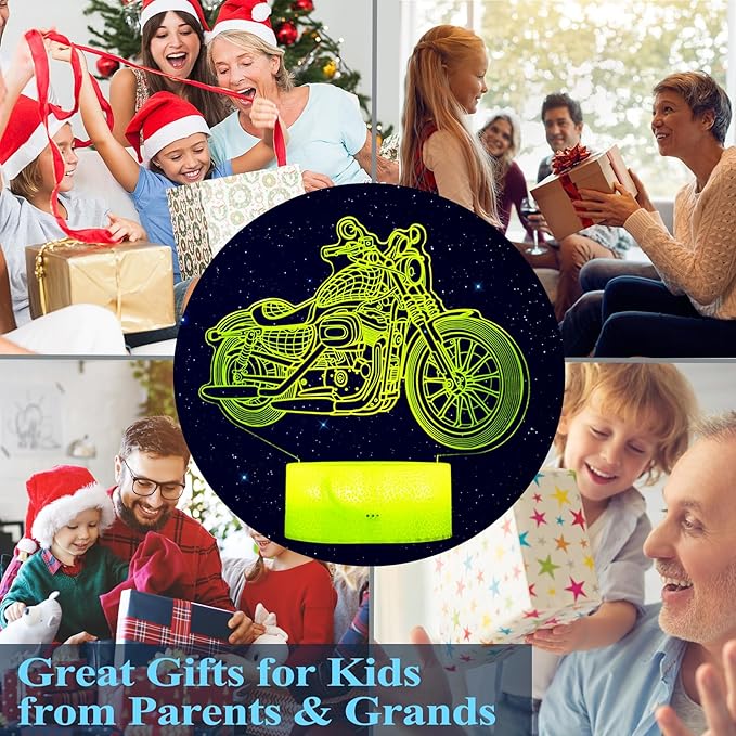 Motorcycle Gifts, Motorcycle Night Light, Motorbike 3D Illusion Lamp, 16 Colors Changing, Timer, 4 Flash Modes and Dimmable，LED, Kids Room Decoration, Xmas Birthday Gifts - Bloomnest