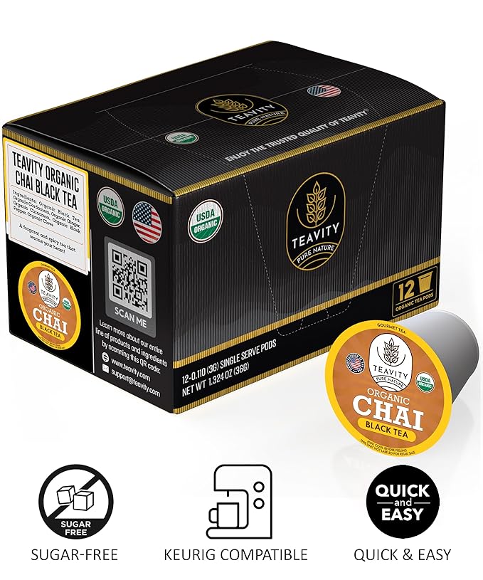 Organic Chai Black Tea Pods for Keurig Naturally Caffeinated by Teavity (24 Tea Pods) - Bloomnest