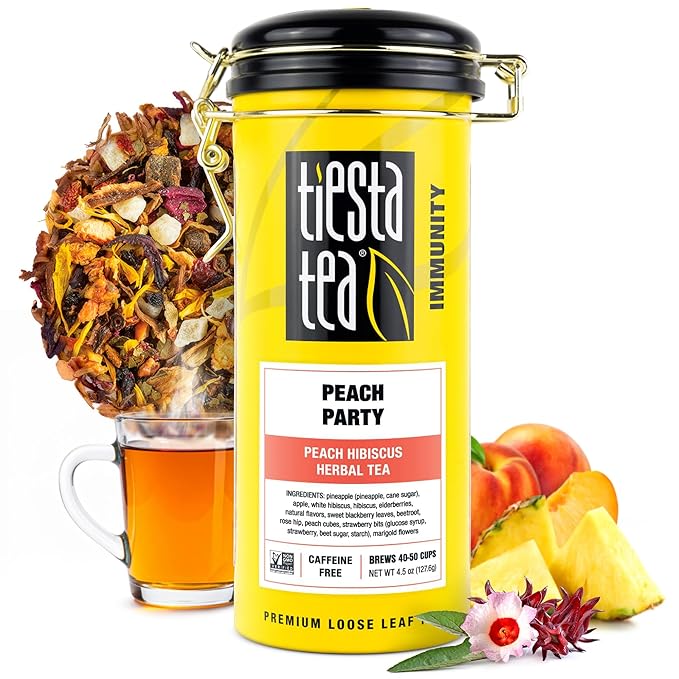 Tiesta Tea - Peach Party, Loose Leaf, Peach Hibiscus Herbal Infusion, Premium Blend, Non-Caffeinated Fruit Tea, Makes Hot or Iced & Up to 50 Cups, 4.5oz Refillable Tin - Bloomnest