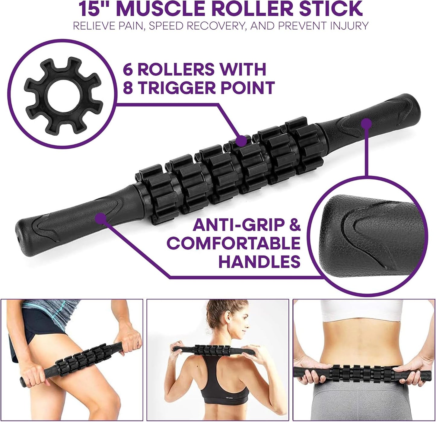 6-Piece Foam Roller Massage Set – Deep Tissue Muscle Recovery Kit with Massage Stick, Massage Balls & Stretch Strap – Includes Carry Bag – Black/Blue