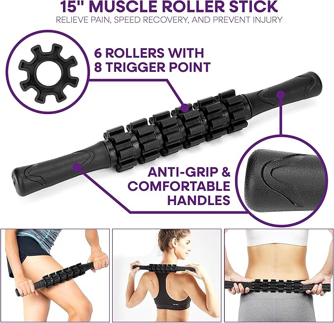 6-Piece Foam Roller Massage Set – Deep Tissue Muscle Recovery Kit with Massage Stick, Massage Balls & Stretch Strap – Includes Carry Bag – Black/Blue - Bloomnest