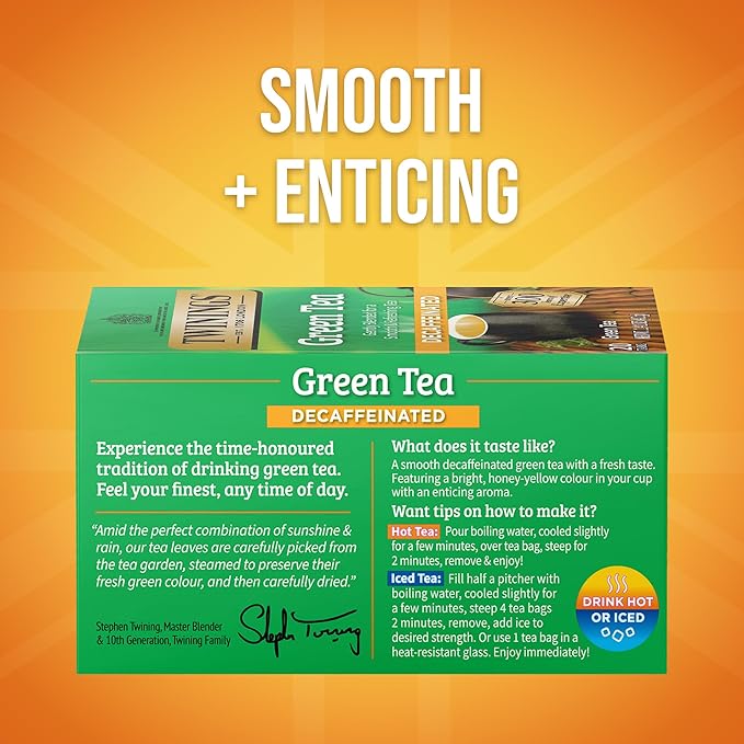 Twinings Decaffeinated Green Tea Individually Wrapped Bags, 20 Count (Pack of 1), Smooth Flavour, Enticing Aroma, Enjoy Hot or Iced, 20 Teabags - Bloomnest