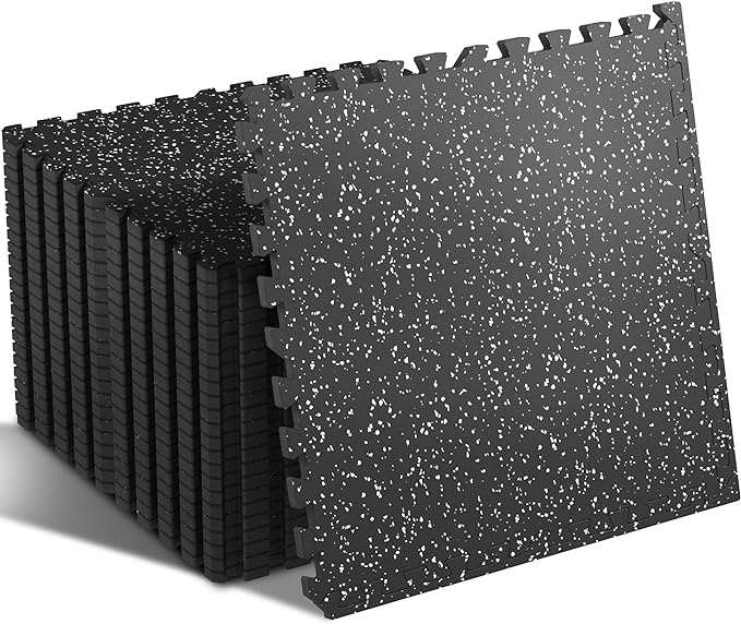 SUPERJARE 0.4'' Thick 24 Pcs 96 Sq Ft Rubber Top Exercise Equipment Mats, High Density EVA Foam Mats with Rubber Top, Interlocking Gym Flooring for Home Gym, Protective Workout Mat, Black/Grey - Bloomnest