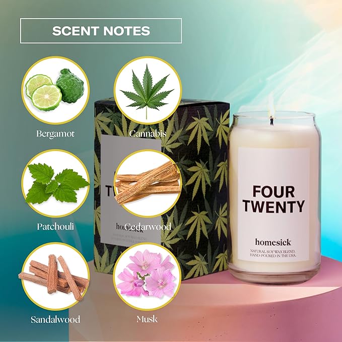 Homesick Scented Candles for Home (Four Twenty) - 13.75 oz Long-Lasting Natural Soy Wax Blend Jar Candle Gifts for Women & Men for All Occasions, 60-80 Hours Burn Time - Notes of Bergamot & Sandalwood - Bloomnest