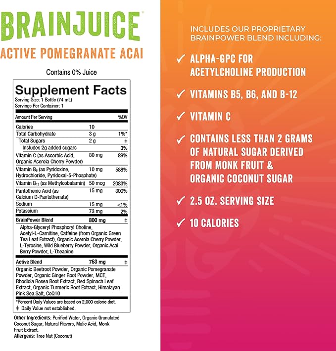 BrainJuice Active Focus & Energy Drink Shots, Supports Endurance, Recovery & Clarity, Non-GMO, Gluten Free, Nootropics, Alpha GPC, B Vitamins & Organic Green Tea, Pomegranate Acai, 2.5 fl oz, 12 Pack - Bloomnest
