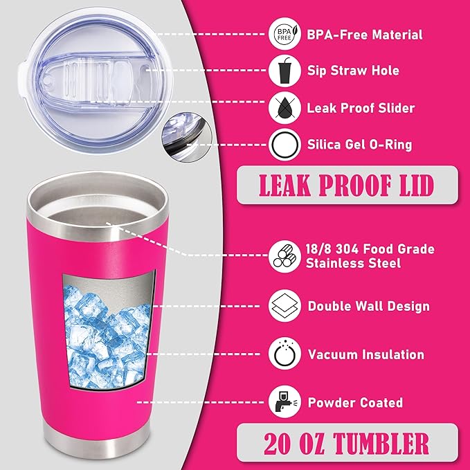 20 oz Tumbler Coffee Travel Tumblers Bulk with Lid Stainless Steel Double Wall Vacuum Insulated Mug Powder Coated Cups fit Car Cupholder for Hot and Cold - Hot Pink, 1Pack - Bloomnest