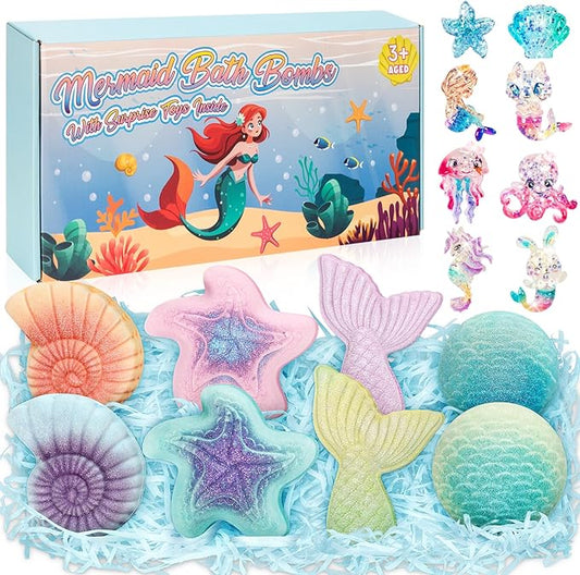 Mermaid Bath Bombs for Kids with Surprise Toys Inside, 8 Pcs Organic Natural Bubble Bath Bombs for Girls,Christmas Birthday Gift for 3 4 5 6 7 8 Year Old Girl,Princess Bath Bomb Kit with Mermaid Toys - Bloomnest