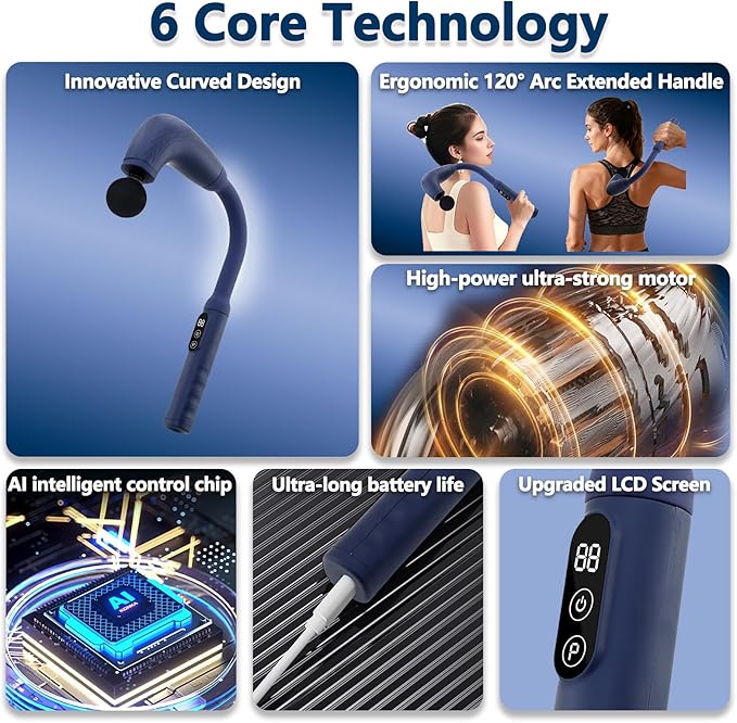 Massage Gun with Upgraded Extension Handle, Back Massager for Pain Relief Deep Tissue, Muscles/Neck/Shoulders/Waist/Legs Massager with 4 Massage Heads & 6 Speed Levels & 3 Massage Modes, Blue - Bloomnest