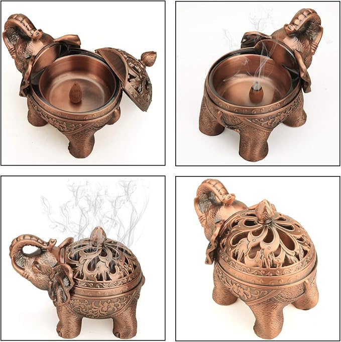 K COOL Alloy Incense Holder Stand Elephant Cone Coil Incense Burner Ash Catcher with Lid, Aromatherapy Ornament Home Decoration for Indoor Outdoor (Red Copper) - Bloomnest