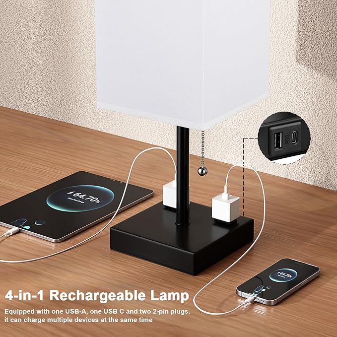 Plus Bedside Table Lamps Set of 2 - White Bedroom Lamps with 3 Colors, Square Nightstand Lamp with USB C + A Charging Ports and 2 AC Outlets, Pull Chain Night Light for End Table - Bloomnest