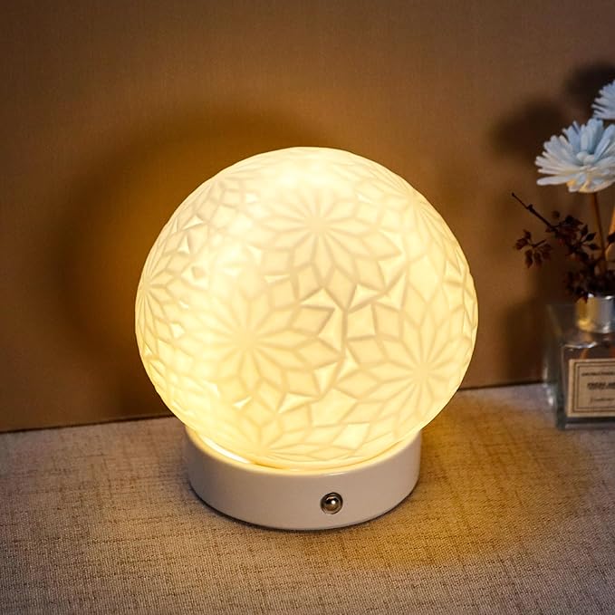 JHY DESIGN Ceramic Spherical Decorative lamp 6.5" H Rechargeable Table Lamp Dimmable Touch Control Desk lamp for Home Bedroom Living Room Outdoors(Snowflake) - Bloomnest