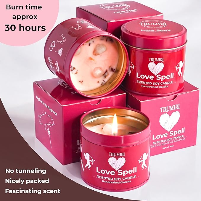 Love Spell - Scented Candles for Women & Men with Rose Petals and Crystals - Pack of 3 x 5oz Soy Clean Organic Non Toxic - Velas Aromáticas - Aromatherapy Spa Valentines Gift Candel TRUMIRI
