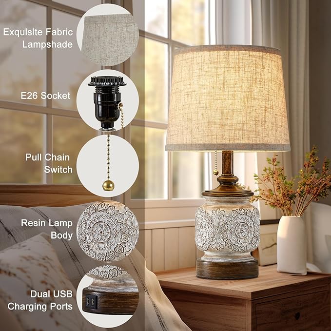 19.5" Farmhouse Bedside Table Lamps Set of 2 Rustic Lamps for Nightstand Bedroom with USB Ports Vintage Traditional White Carved Floral Night Light Lamps for Living Room End Tables Decor - Bloomnest