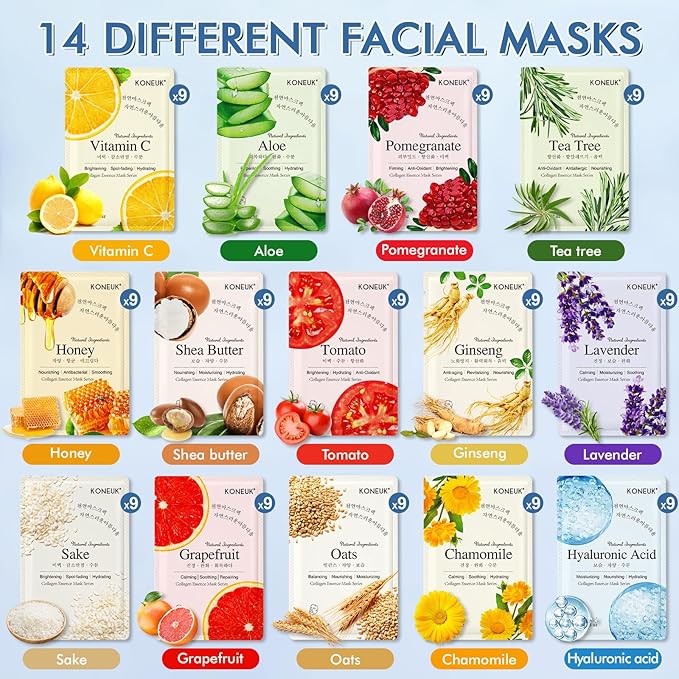 126 Pack Sheet Face Masks Skincare, Bulk Facial Mask Gifts Set for Women Skin Care, Hydrating Face Masks Suitable for All Skin Types, Face Mask Spa for Sensitive Skin - Bloomnest